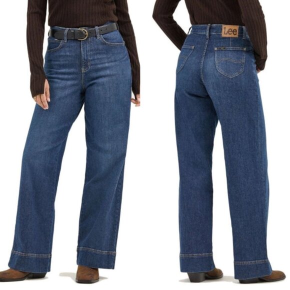 Lee Women's Wide Leg Trouser Jeans Size 16 Dark Wash High Rise Drapey 36x30 NWT - Picture 1 of 13